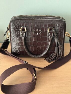 Tory Burch Dark Mahogany Thea Crocodile Embossed Web Small Satchel